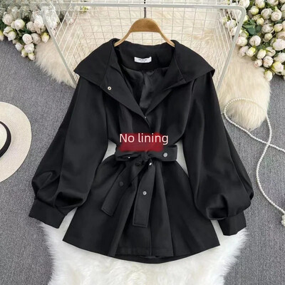 Trenci pentru femei cu glugă Design decupat Sensibility Jachetă ocazională în talie pentru femei mici Sezonul toamnă/iarna