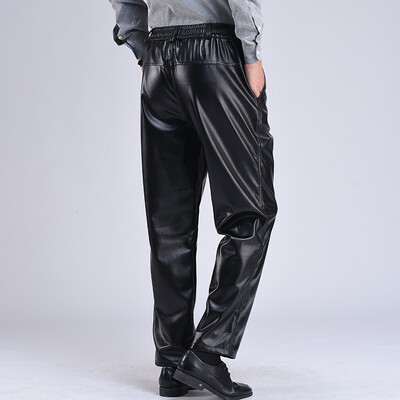 Pantaloni din piele PU pentru bărbați, iarnă, călduroasă, fleece, cu șnur, pantaloni conici, din piele artificială, pantaloni biker metalici