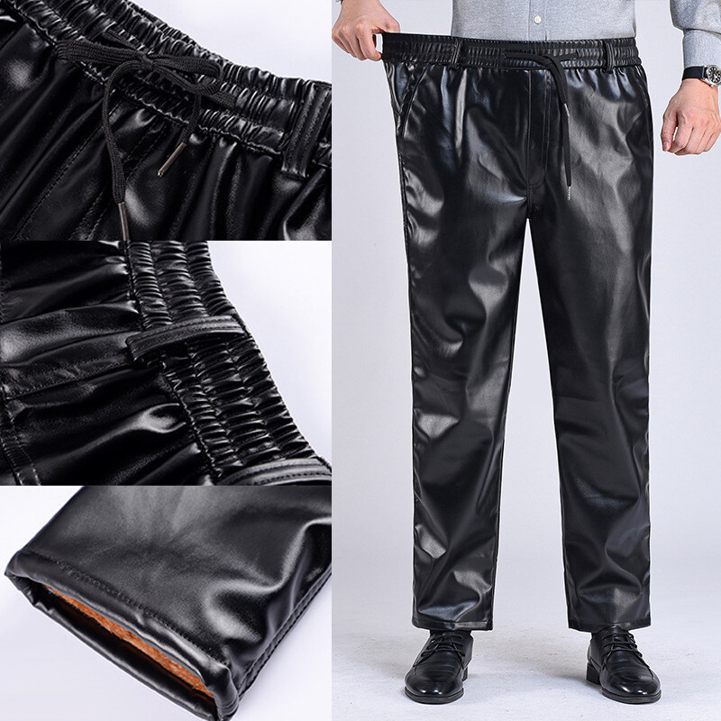 Pantaloni din piele PU pentru bărbați, iarnă, călduroasă, fleece, cu șnur, pantaloni conici, din piele artificială, pantaloni biker metalici