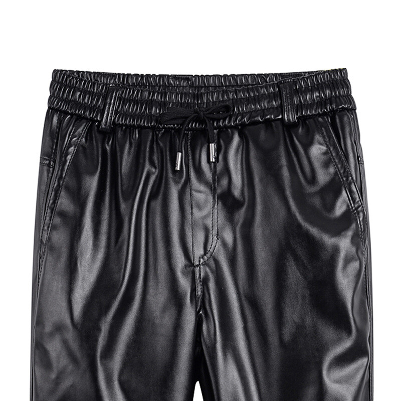 Pantaloni din piele PU pentru bărbați, iarnă, călduroasă, fleece, cu șnur, pantaloni conici, din piele artificială, pantaloni biker metalici