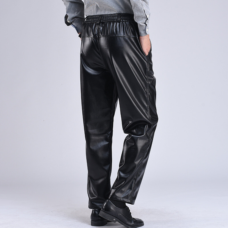 Pantaloni din piele PU pentru bărbați, iarnă, călduroasă, fleece, cu șnur, pantaloni conici, din piele artificială, pantaloni biker metalici