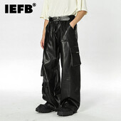 IEFB Street Wear PU nahast püksid, meeste vabad mitme taskuga funktsionaalse stiiliga sirged püksid elastne vöökoht sügismood 9C2687