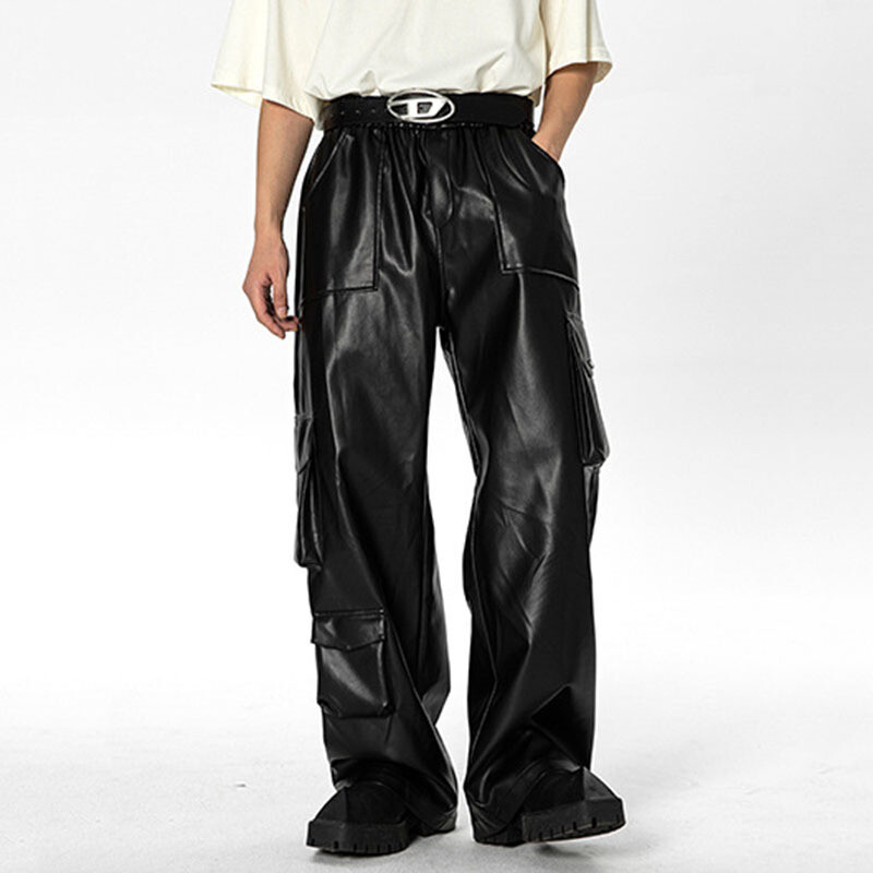 IEFB Street Wear PU kožne hlače Muške široke ravne hlače s više džepova funkcionalnog stila s elastičnim strukom Jesenska moda 9C2687