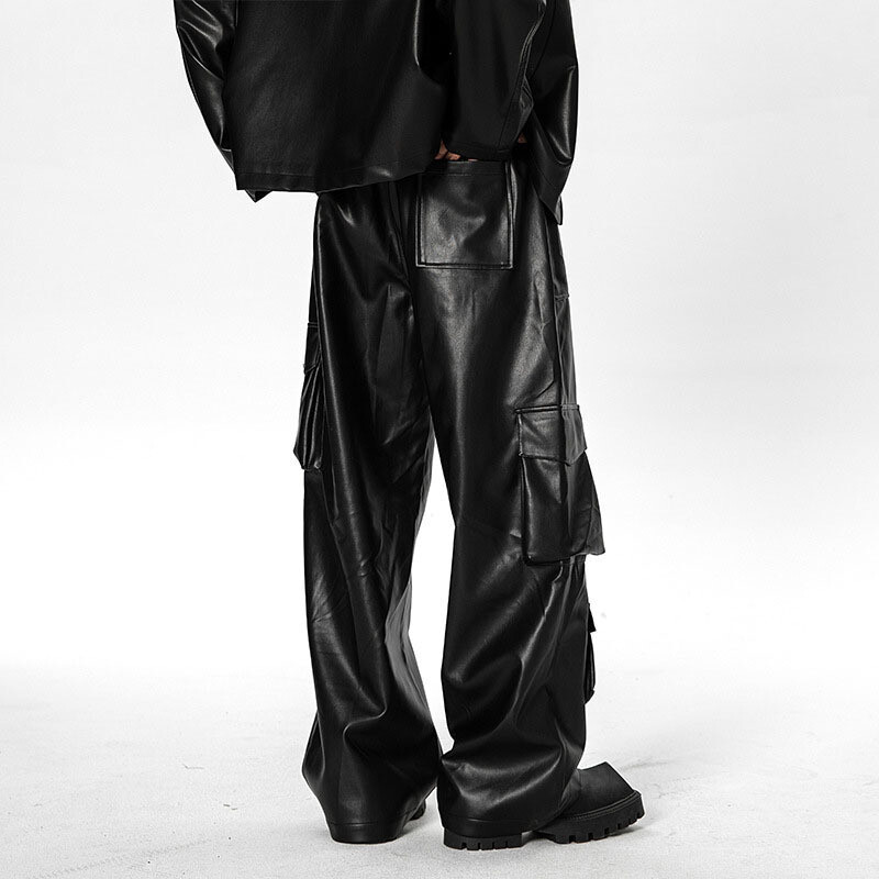 IEFB Street Wear PU kožne hlače Muške široke ravne hlače s više džepova funkcionalnog stila s elastičnim strukom Jesenska moda 9C2687