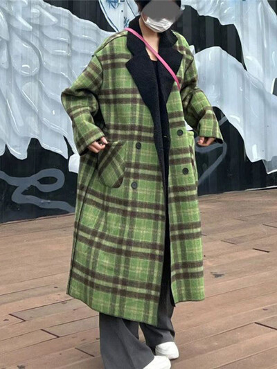 Vintage topli karirani vuneni kaput srednje dužine Debeli široki ženski korejski zeleni dvostruki kaput Zimske nove modne parke jakne