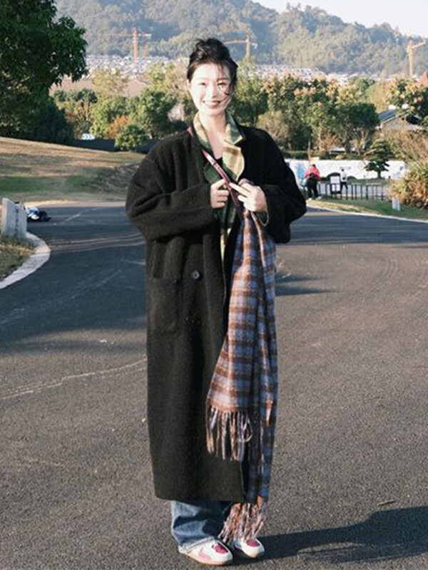 Vintage topli karirani vuneni kaput srednje dužine Debeli široki ženski korejski zeleni dvostruki kaput Zimske nove modne parke jakne