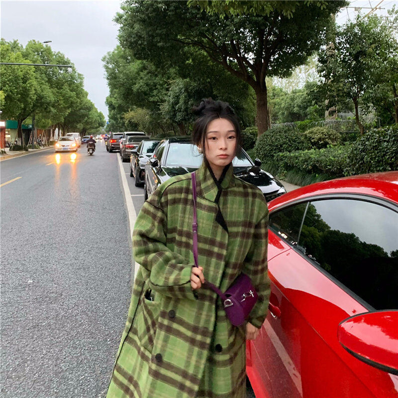 Vintage topli karirani vuneni kaput srednje dužine Debeli široki ženski korejski zeleni dvostruki kaput Zimske nove modne parke jakne