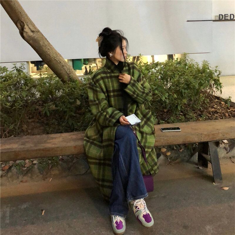 Vintage topli karirani vuneni kaput srednje dužine Debeli široki ženski korejski zeleni dvostruki kaput Zimske nove modne parke jakne