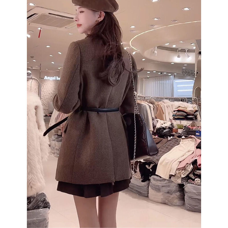 Dolazi s remenom. Vintage vunena jakna za žene Jesen i zima 2024. Novi temperamentni ženski sako dugih rukava s dvostrukim kopčanjem