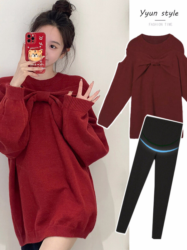 Crveni džemper u korejskom stilu za trudnice, zima, velika pletena odjeća za trudnice, dugi opušteni ležerni trudnički pulover za trudnice