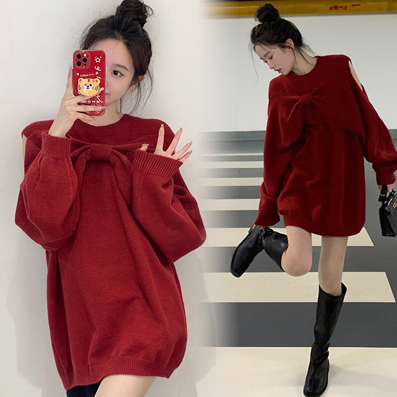 Crveni džemper u korejskom stilu za trudnice, zima, velika pletena odjeća za trudnice, dugi opušteni ležerni trudnički pulover za trudnice