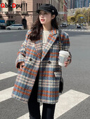 Debeli vintage karirani vuneni kaput srednje dužine Jesen Zima Novi ženski korejski široki kaput s parkama V izrez Topli Jaqueta s jednim gumbom