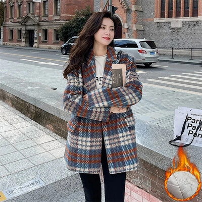 Debeli vintage karirani vuneni kaput srednje dužine Jesen Zima Novi ženski korejski široki kaput s parkama V izrez Topli Jaqueta s jednim gumbom