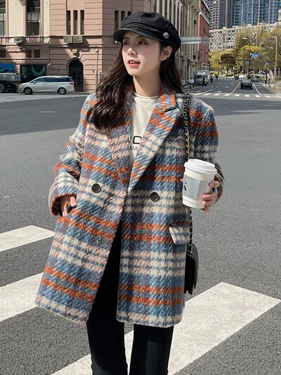 Debeli vintage karirani vuneni kaput srednje dužine Jesen Zima Novi ženski korejski široki kaput s parkama V izrez Topli Jaqueta s jednim gumbom