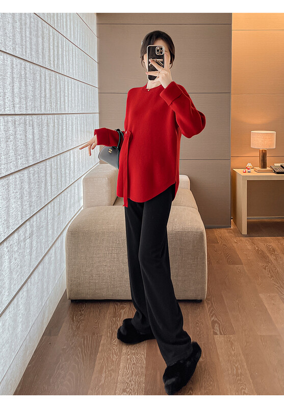 Sarkans grūtnieču džemperis rudens ziema lielizmēra grūtniecei trikotāžas puloveri neregulāra mode grūtniecība jaungada apģērbs jauks