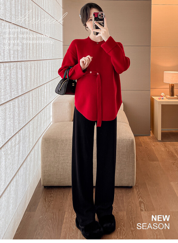 Sarkans grūtnieču džemperis rudens ziema lielizmēra grūtniecei trikotāžas puloveri neregulāra mode grūtniecība jaungada apģērbs jauks