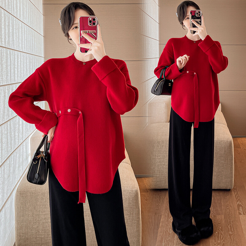 Sarkans grūtnieču džemperis rudens ziema lielizmēra grūtniecei trikotāžas puloveri neregulāra mode grūtniecība jaungada apģērbs jauks