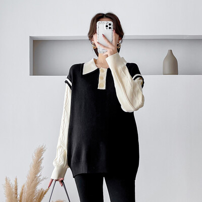 Iarna 2024, pulover pentru femeie însărcinată, culoare bloc, mozaic, guler răsucit, pulovere tricotate pentru maternitate, la modă, tricotaje pentru sarcină