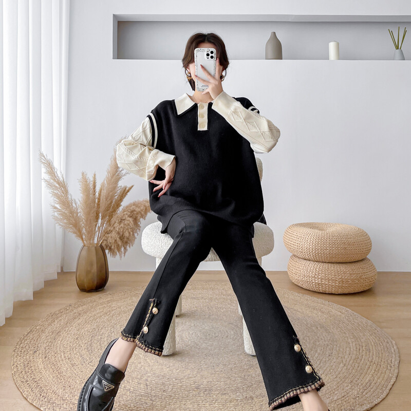 Iarna 2024, pulover pentru femeie însărcinată, culoare bloc, mozaic, guler răsucit, pulovere tricotate pentru maternitate, la modă, tricotaje pentru sarcină