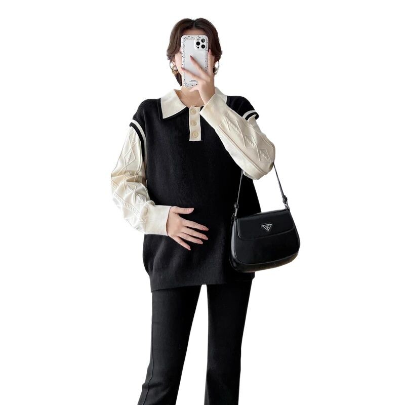 Iarna 2024, pulover pentru femeie însărcinată, culoare bloc, mozaic, guler răsucit, pulovere tricotate pentru maternitate, la modă, tricotaje pentru sarcină