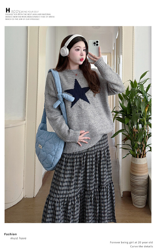 Jesen Zima Odjeća za trudnice Sivi džemperi za trudnice s velikim zvjezdastim uzorkom Modni pleteni pulover za trudnice Široki gornji dio