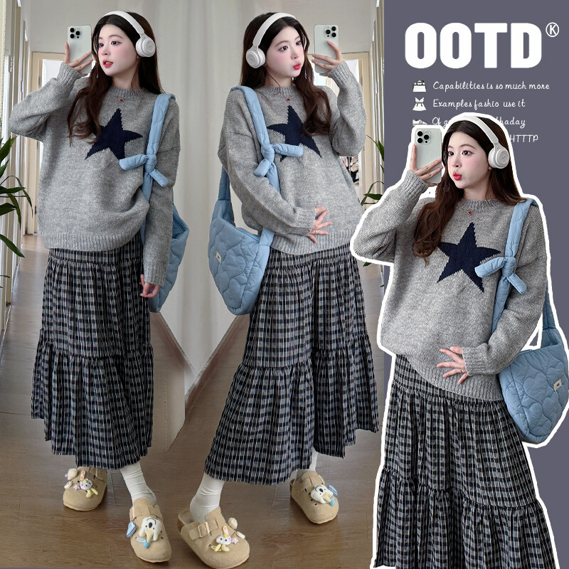 Jesen Zima Odjeća za trudnice Sivi džemperi za trudnice s velikim zvjezdastim uzorkom Modni pleteni pulover za trudnice Široki gornji dio