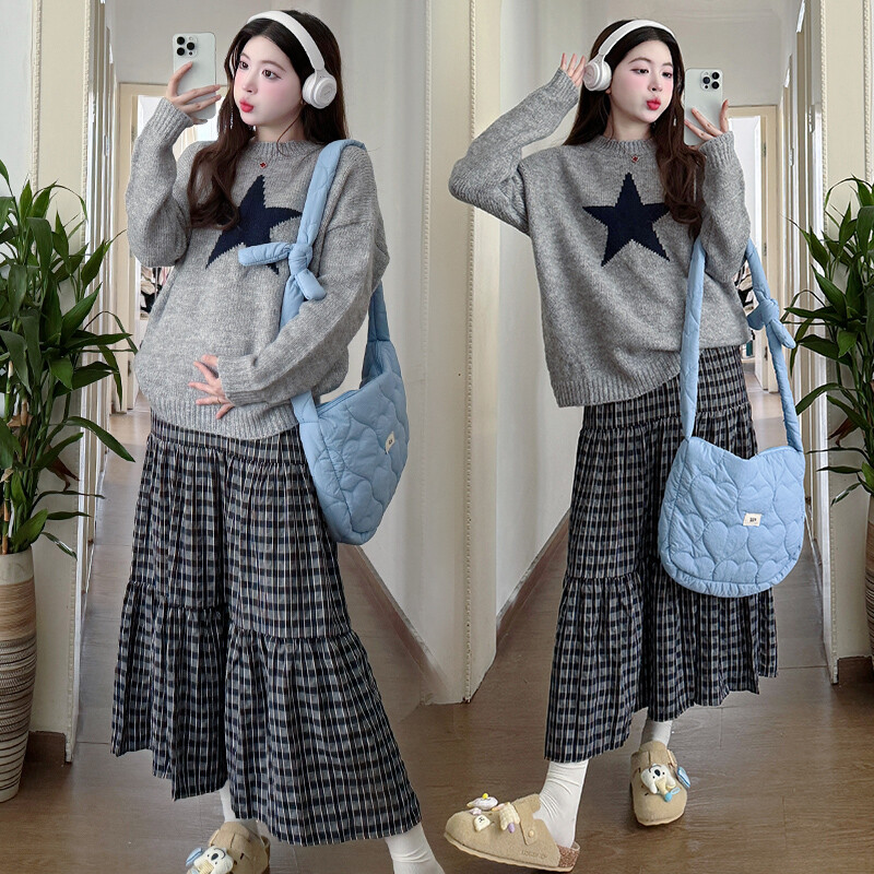 Jesen Zima Odjeća za trudnice Sivi džemperi za trudnice s velikim zvjezdastim uzorkom Modni pleteni pulover za trudnice Široki gornji dio