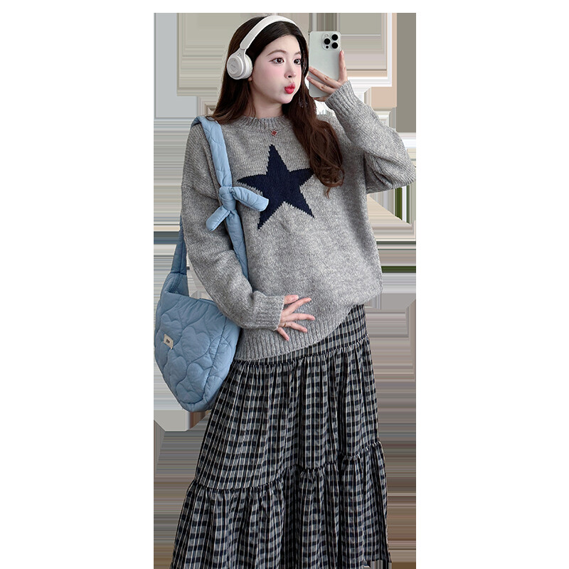 Jesen Zima Odjeća za trudnice Sivi džemperi za trudnice s velikim zvjezdastim uzorkom Modni pleteni pulover za trudnice Široki gornji dio