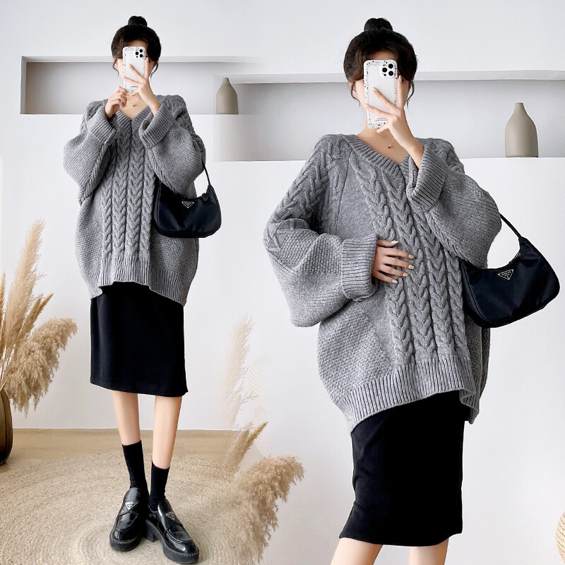 Pulover za trudnice velikih veličina, šišmiš rukava, V-izreza, pleteni puloveri za trudnice velikih veličina, dugi široki zimski odjevni predmeti za trudnice