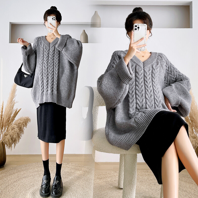 Pulover za trudnice velikih veličina, šišmiš rukava, V-izreza, pleteni puloveri za trudnice velikih veličina, dugi široki zimski odjevni predmeti za trudnice