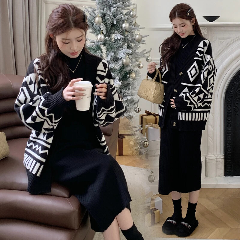 Stil coreean Maternitate Mantoane Iarna Maneca Lunga Modele Negru Alb Moda Femeie Insarcinata Cardigane tricotate Jachete Sarcina
