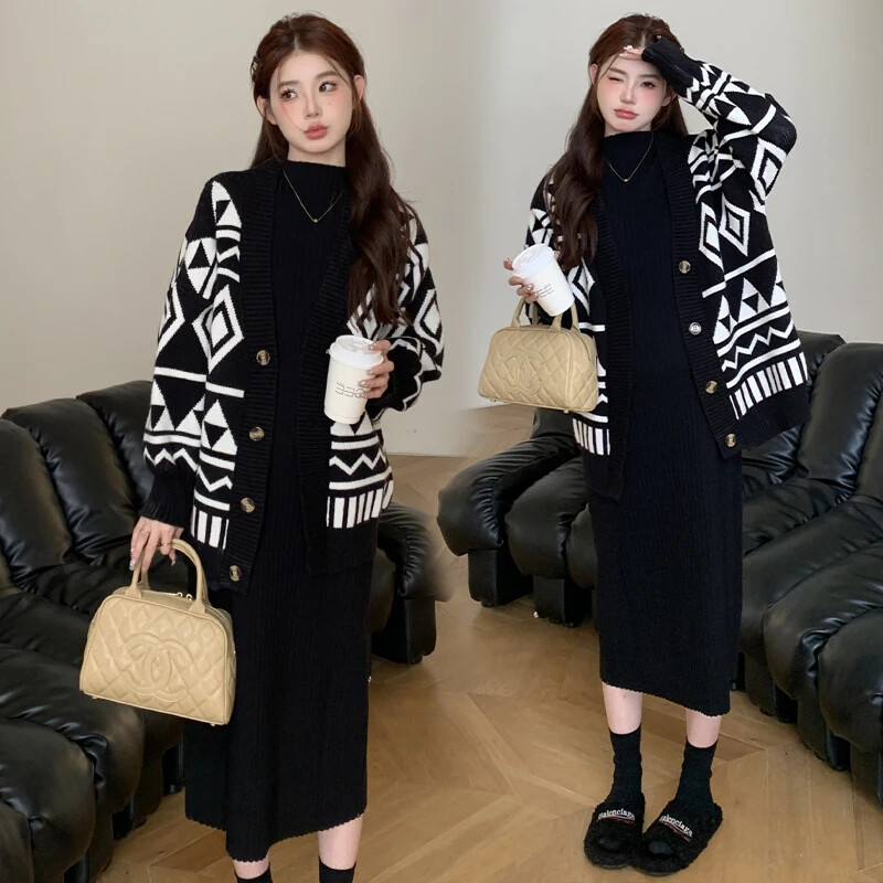 Stil coreean Maternitate Mantoane Iarna Maneca Lunga Modele Negru Alb Moda Femeie Insarcinata Cardigane tricotate Jachete Sarcina