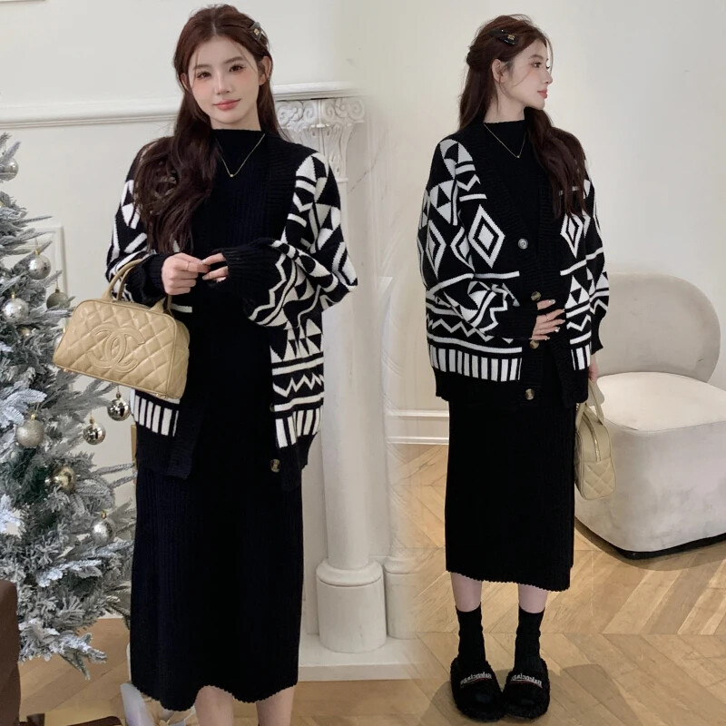 Stil coreean Maternitate Mantoane Iarna Maneca Lunga Modele Negru Alb Moda Femeie Insarcinata Cardigane tricotate Jachete Sarcina