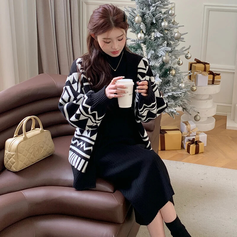 Stil coreean Maternitate Mantoane Iarna Maneca Lunga Modele Negru Alb Moda Femeie Insarcinata Cardigane tricotate Jachete Sarcina