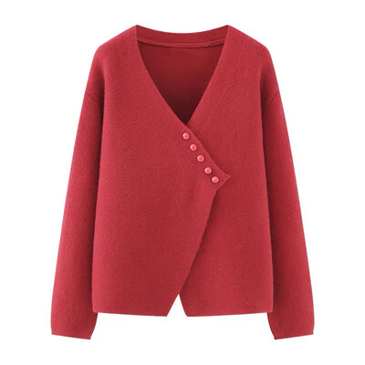 Nėščios moters rudeninis megztinis raudonas ilgomis rankovėmis V formos kaklu, netaisyklingo mygtuko skraidymas Nėščioms megztas švarkas Nėštumo kardiganai
