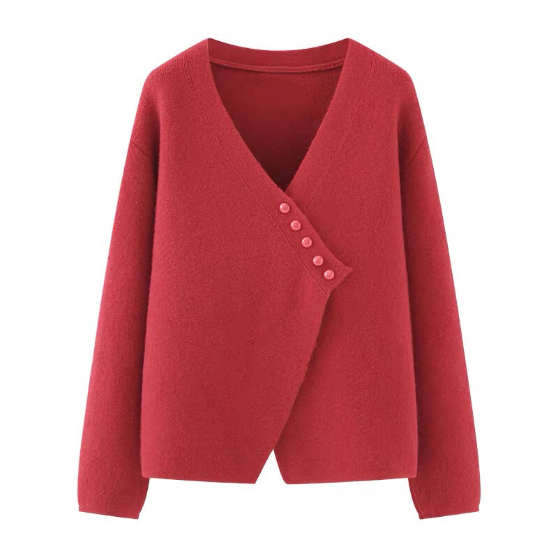Nėščios moters rudeninis megztinis raudonas ilgomis rankovėmis V formos kaklu, netaisyklingo mygtuko skraidymas Nėščioms megztas švarkas Nėštumo kardiganai