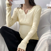 Rudens žiemos džemperis Vienspalvis megztinis ilgomis rankovėmis V formos kaklu, mygtukas Nėščia moteris Megzti megztiniai Nėštumo palaidinės marškinėliai