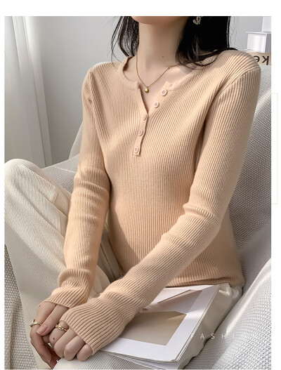 Rudens žiemos džemperis Vienspalvis megztinis ilgomis rankovėmis V formos kaklu, mygtukas Nėščia moteris Megzti megztiniai Nėštumo palaidinės marškinėliai