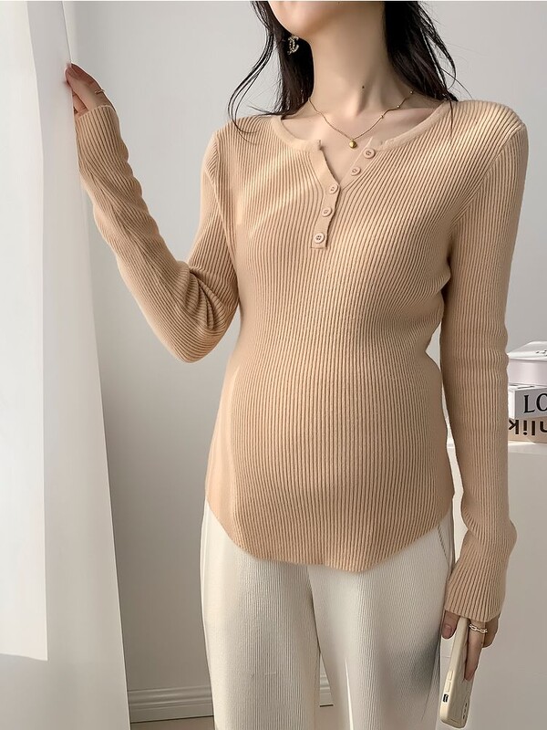 Rudens žiemos džemperis Vienspalvis megztinis ilgomis rankovėmis V formos kaklu, mygtukas Nėščia moteris Megzti megztiniai Nėštumo palaidinės marškinėliai