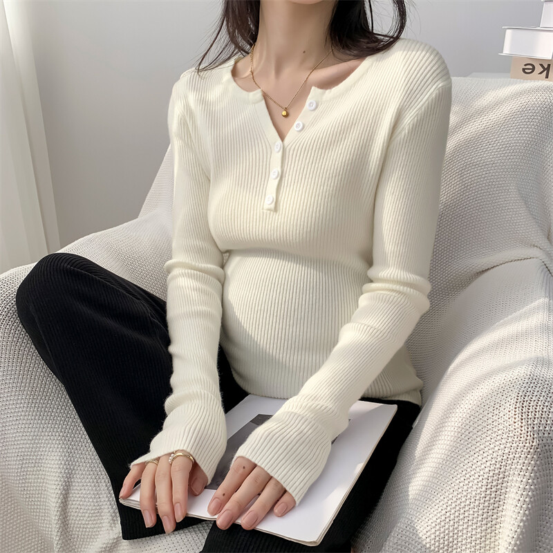 Rudens žiemos džemperis Vienspalvis megztinis ilgomis rankovėmis V formos kaklu, mygtukas Nėščia moteris Megzti megztiniai Nėštumo palaidinės marškinėliai