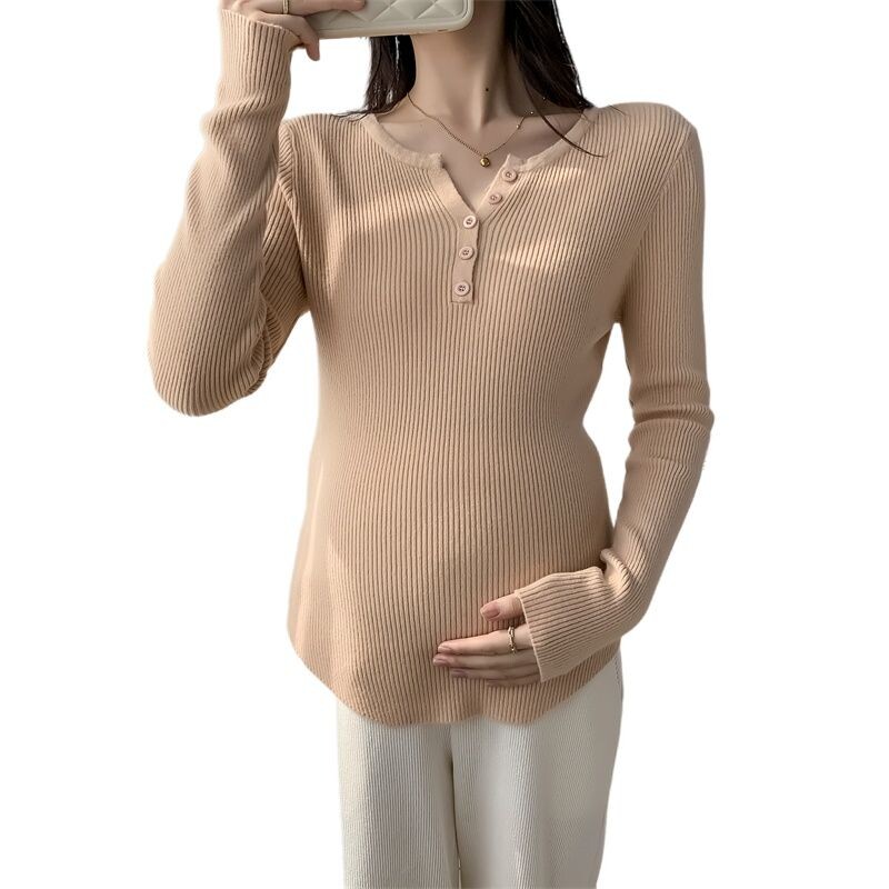 Rudens žiemos džemperis Vienspalvis megztinis ilgomis rankovėmis V formos kaklu, mygtukas Nėščia moteris Megzti megztiniai Nėštumo palaidinės marškinėliai