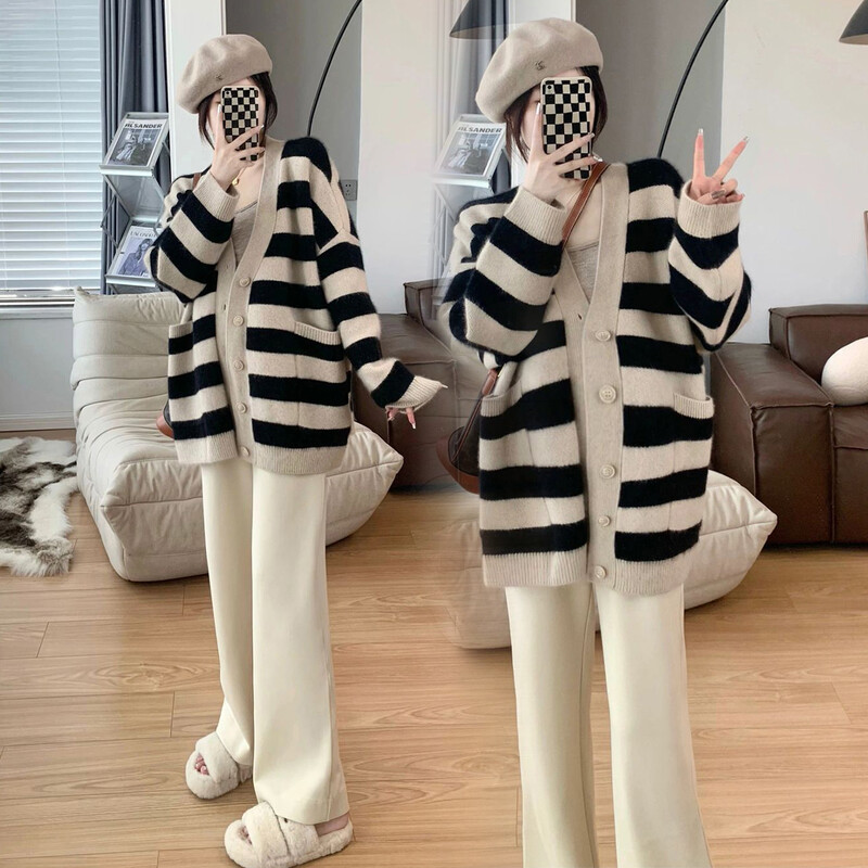 Пуловери за бременни с големи размери Есен Зима Дебели топли жилетки за плетене на бременни жени Блокирани цветни райета Плетени палта за бременност