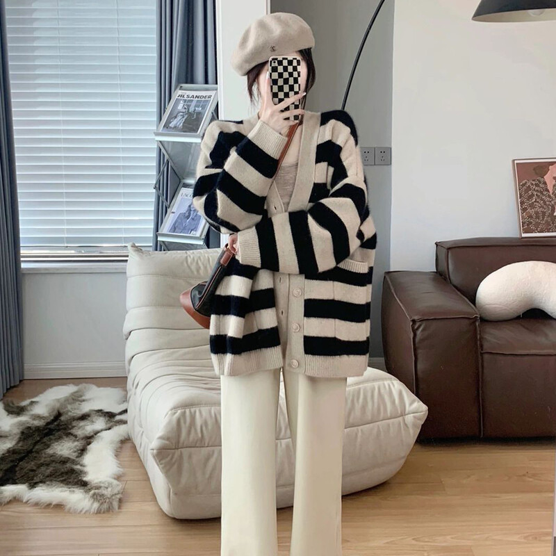 Пуловери за бременни с големи размери Есен Зима Дебели топли жилетки за плетене на бременни жени Блокирани цветни райета Плетени палта за бременност