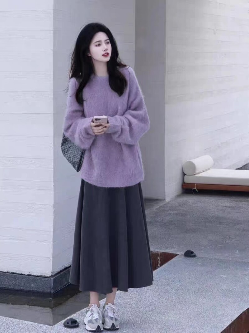 Nėščiųjų žieminiai rūbai Ilgi laisvi, minkšti ir patogūs purpuriniai nėščiosios megztiniai didesnio dydžio nėštumui mezgimo megztiniai