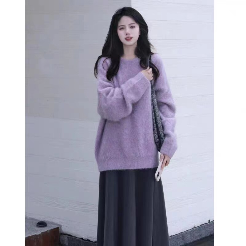 Nėščiųjų žieminiai rūbai Ilgi laisvi, minkšti ir patogūs purpuriniai nėščiosios megztiniai didesnio dydžio nėštumui mezgimo megztiniai