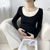 Korėjietiško stiliaus megztinis nėštumui ilgomis rankovėmis O formos iškirptės bloko spalvos kratinys nėščiosioms megzti megztiniai madingi dirbtiniai twp vienetai viršuje