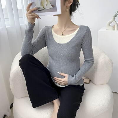 Korėjietiško stiliaus megztinis nėštumui ilgomis rankovėmis O formos iškirptės bloko spalvos kratinys nėščiosioms megzti megztiniai madingi dirbtiniai twp vienetai viršuje