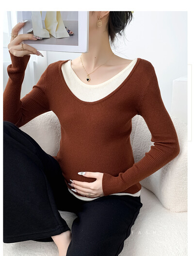 Korėjietiško stiliaus megztinis nėštumui ilgomis rankovėmis O formos iškirptės bloko spalvos kratinys nėščiosioms megzti megztiniai madingi dirbtiniai twp vienetai viršuje