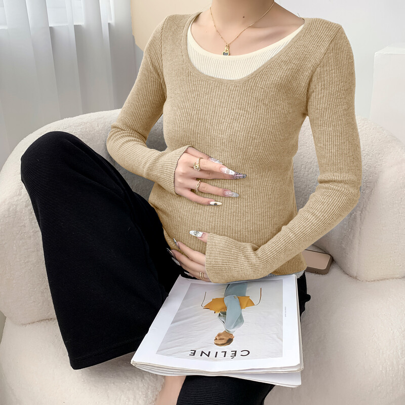 Korėjietiško stiliaus megztinis nėštumui ilgomis rankovėmis O formos iškirptės bloko spalvos kratinys nėščiosioms megzti megztiniai madingi dirbtiniai twp vienetai viršuje