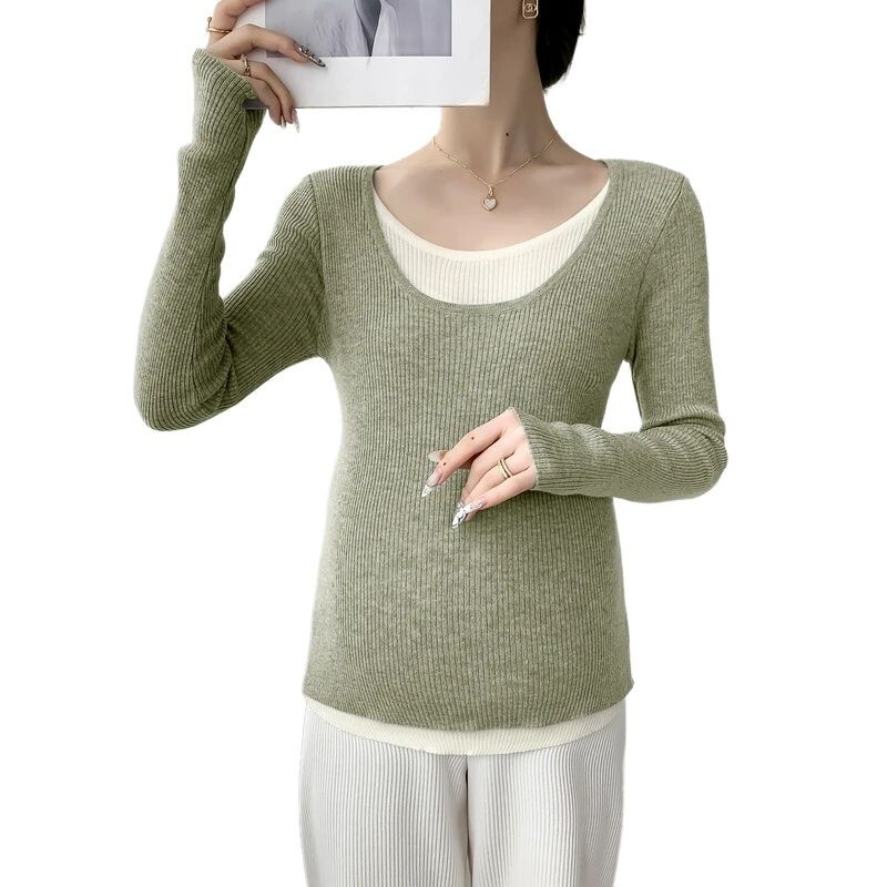 Korėjietiško stiliaus megztinis nėštumui ilgomis rankovėmis O formos iškirptės bloko spalvos kratinys nėščiosioms megzti megztiniai madingi dirbtiniai twp vienetai viršuje